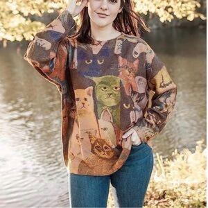 YESNO Art FUNKY CATS Sz L XL 1X Lagenlook SUPER SOFT Furry Sweater Wool